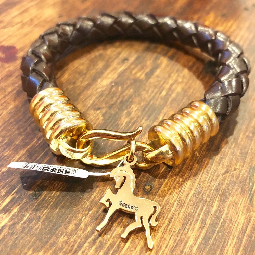 Brown Braided Leather Bracelet with Gold Horse 🐎